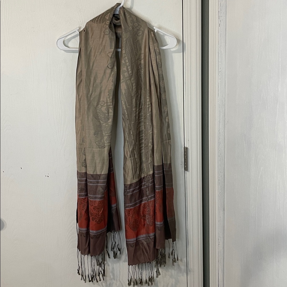 100% Silk Woven Scarf Shawl Boho Paisley Floral Pattern Brown Copper Fringe - Picture 5 of 6
